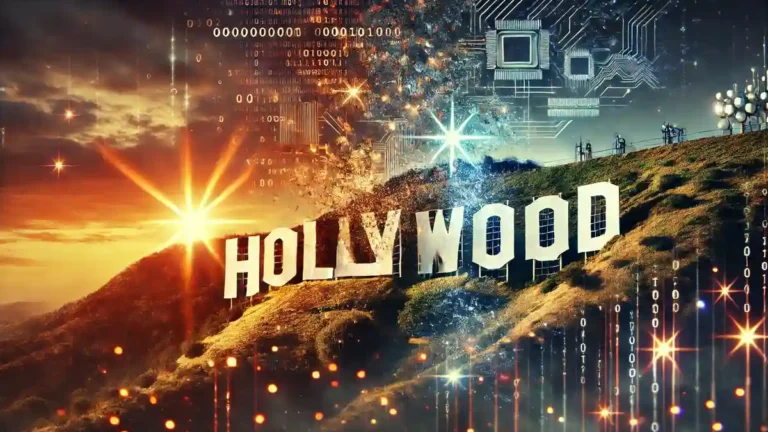 Imagem do icônico letreiro de Hollywood se dissolvendo em código e circuitos digitais, representando o impacto da inteligência artificial na indústria cinematográfica. O lado esquerdo da imagem mantém a aparência tradicional do letreiro, enquanto o lado direito se fragmenta em pixels e algoritmos, simbolizando a fusão de tecnologia e criatividade. A cena é iluminada por um pôr do sol dramático, criando uma atmosfera cinematográfica e futurística.