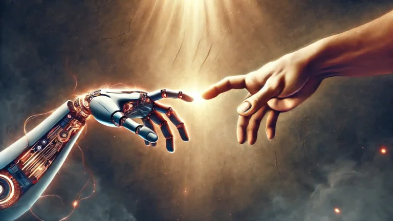 A realistic digital painting of a human hand and a robotic hand almost touching, inspired by Michelangelo's 'The Creation of Adam.' The human hand appears organic and warm, while the robotic hand has a sleek, metallic design with glowing circuits. The background is ethereal, with mystical lighting that enhances the sense of wonder and connection between humanity and artificial intelligence. - Automation vs. Human Control