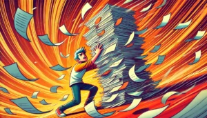 Ilustração em estilo cartoon de uma pessoa tentando empilhar folhas de papel ao vento. As folhas voam para diferentes direções, representando a dificuldade de lembrar e organizar ideias sem registrá-las.