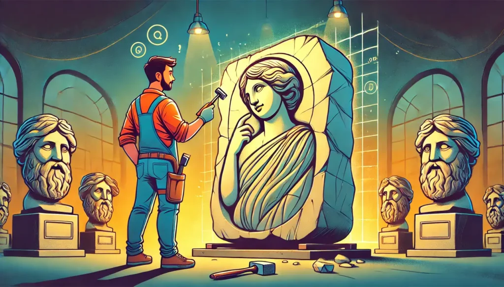 Cartoon-style illustration of a sculptor holding a hammer and chisel in front of a large marble block. A faint outline of a statue begins to emerge in the stone, symbolizing the process of turning ideas into reality.
