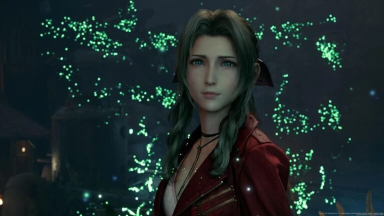 Aerith com olhar melancólico, olhando para a câmera e envolvida na lifestream. - Final Fantasy VII Rebirth Final Explicado