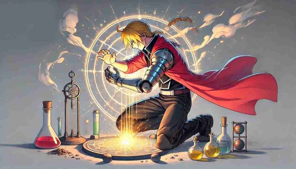 Edward Elric kneeling before a glowing transmutation circle, golden energy flowing from his hands. He wears his iconic red coat, surrounded by alchemical elements like flasks and mechanisms. The illustration captures a powerful transmutation moment in Fullmetal Alchemist: Brotherhood.