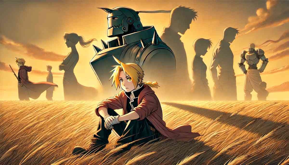 Edward Elric sitting in a vast field, gazing melancholically into the distance. Shadowy silhouettes of possible futures—artist, writer, warrior—fade into the wind, symbolizing unfulfilled dreams. The golden glow of the sunset casts a poetic and reflective atmosphere over the scene.