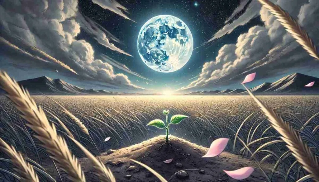 The full moon shines over a vast field, casting a silver glow on the land. In the foreground, a small seed begins to sprout, its green leaves emerging from the soil. The wind carries flower petals across the field, reflecting nature's patience and transformation.