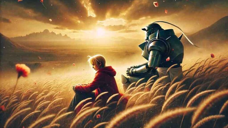 Edward and Alphonse Elric sitting in a flower-filled field, gazing at the horizon in a melancholic and reflective atmosphere. The scene captures the brothers' journey in Fullmetal Alchemist: Brotherhood, symbolizing sacrifice, hope, and the search for meaning