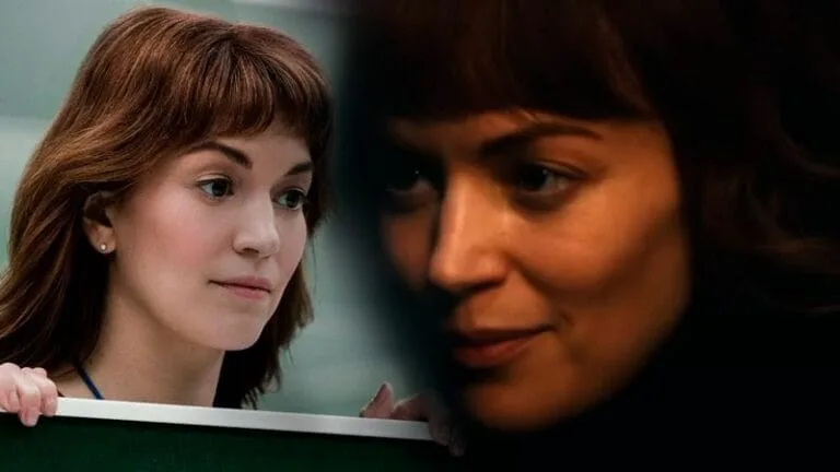 Montage featuring two versions of Helena Eagan in Severance: on the left, Helly at Lumon, with a curious and neutral expression; on the right, Helena in the outside world, with a mysterious gaze and shadows accentuating her face.