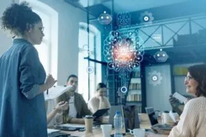 Team discussing the impact of artificial intelligence on work, with a digital illustration of an AI brain in the center. Visual representation of automation and the future of work.