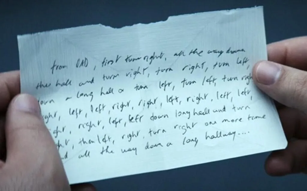 Note with detailed directions found by Dylan, indicating a path inside Lumon.