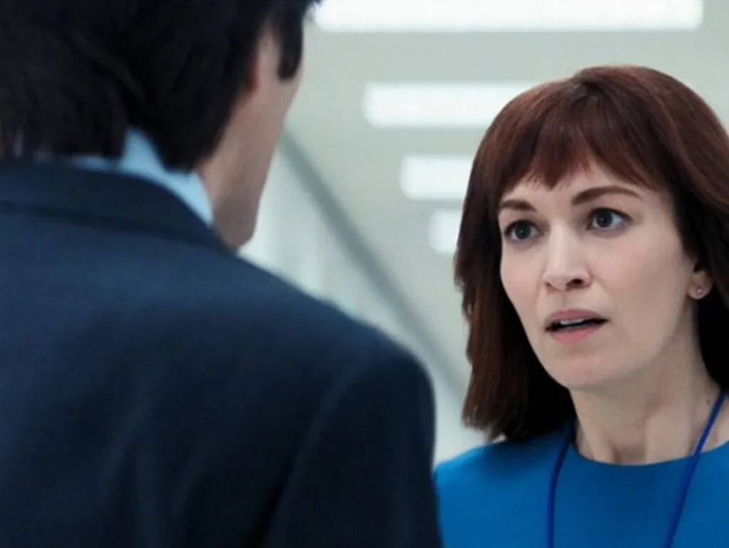 Helly with a surprised expression during a tense conversation with Mark in the Lumon hallways.