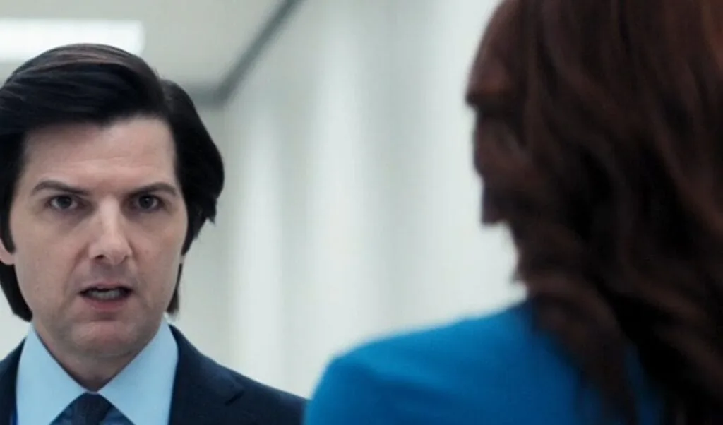 Mark with a serious expression as he confronts Helly in the hallways of Lumon.