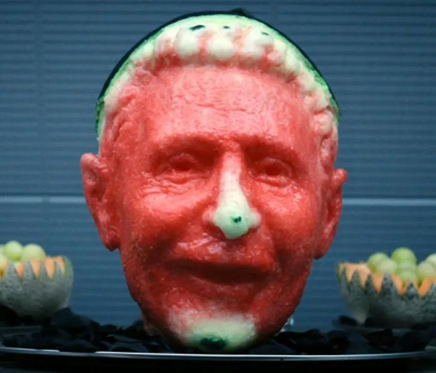 Watermelon carved in the shape of a face, representing Irving during the symbolic funeral.
