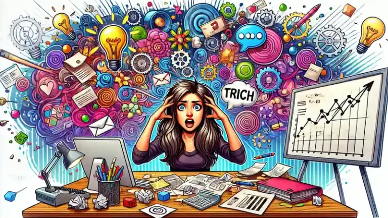 Ilustração cartoon de uma mulher carismática sentada em uma mesa bagunçada, cheia de papéis e anotações. Ela parece sobrecarregada com muitas ideias flutuando ao seu redor, enquanto tenta organizar seus pensamentos em um quadro branco. O fundo vibrante transmite criatividade e energia mental. - Aprenda a Organizar Ideias e a Transformá-las em Ação