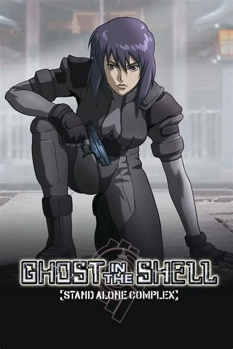 Promotional image for Ghost in the Shell: Stand Alone Complex, showing Major Motoko Kusanagi kneeling in a tactical position, holding a pistol, with a determined expression. The background features a futuristic setting and the series logo is visible at the bottom.