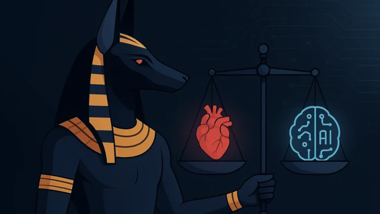 Ilustração digital de Anúbis segurando uma balança. De um lado está um coração humano e do outro, um cérebro artificial com o símbolo “AI”, representando o julgamento simbólico dos bots de IA invasivos.