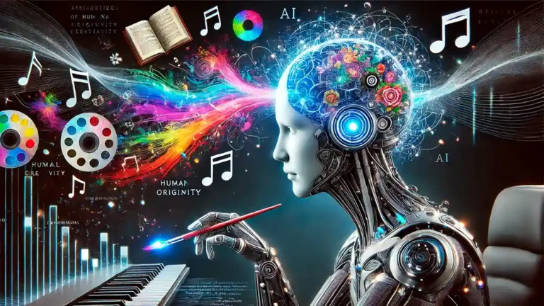 Futuristic digital artwork depicting artificial intelligence absorbing human creativity. A glowing AI brain or robotic figure pulls in vibrant elements like paint strokes, books, and musical notes, which lose their color and fade into grayscale as they are assimilated. The dark, cyberpunk-inspired background emphasizes the concept of technology consuming human originality. The AI Self-Extinction Paradox