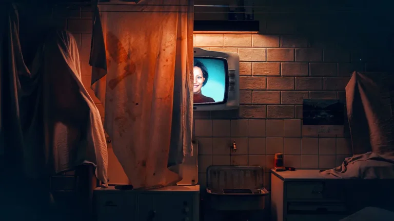 Televisão antiga em ambiente sombrio com azulejos brancos e panos sujos pendurados; Cassandra sorri na tela, parcialmente encoberta por um lençol, criando uma atmosfera de suspense e vigilância. Série Cassandra Netfli