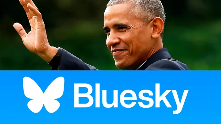 Barack Obama smiling and waving with his right hand, partially covered by a blue banner displaying the white "Bluesky" logo and text. The background is green and blurred, suggesting an outdoor setting. Obama Joins Bluesky