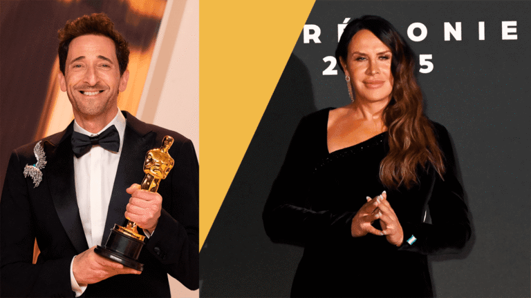 Adrien Brody holding an Oscar, smiling, and Karla Sofía Gascón at an event, wearing a black dress. Cover image for an article about AI in cinema and its impact on the 2025 Oscars.