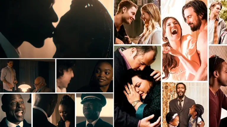 Comparative collage of scenes from Paradise and This Is Us, highlighting emotional moments from both series. On the left, Paradise scenes feature darker tones and dramatic lighting, emphasizing the show's mystery and suspense. On the right, This Is Us showcases warmer, more intimate moments, reinforcing its sentimental and family-driven narrative. The composition creates a visual contrast between the two stories, suggesting subtle connections between them.
