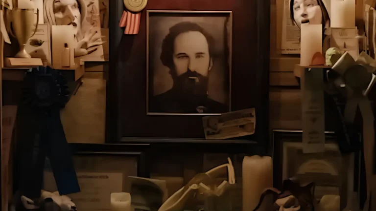 Um altar à meia-luz da segunda temporada de Ruptura, episódio 3, com um retrato emoldurado de um homem barbudo cercado por velas, fitas, máscaras e artefatos de aparência religiosa. O cenário sugere uma profunda reverência, possivelmente ligada à mitologia cultista da Lumon