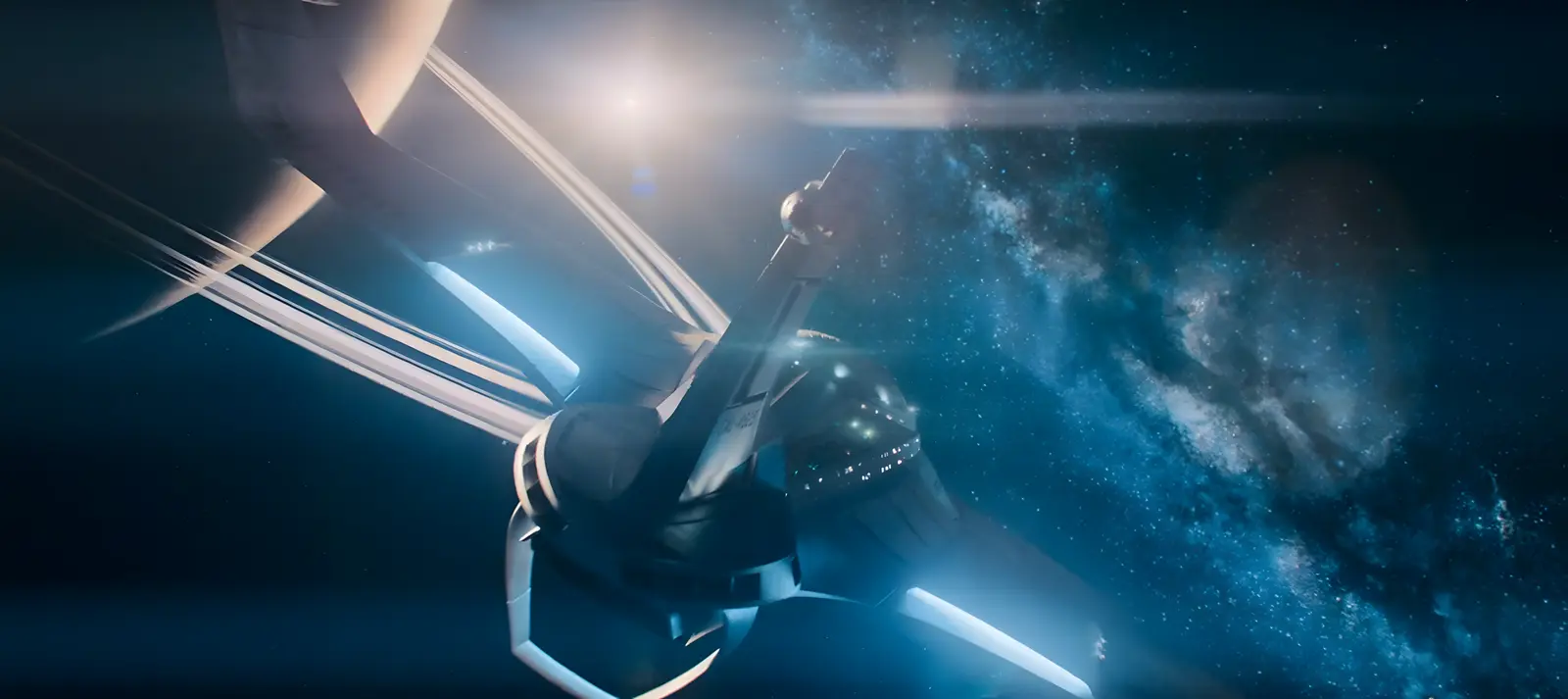 A nova nave da tripulação clonada viaja pelo espaço do Infinity, simbolizando sua busca por liberdade no novo universo. - USS Callister Infinity explicado