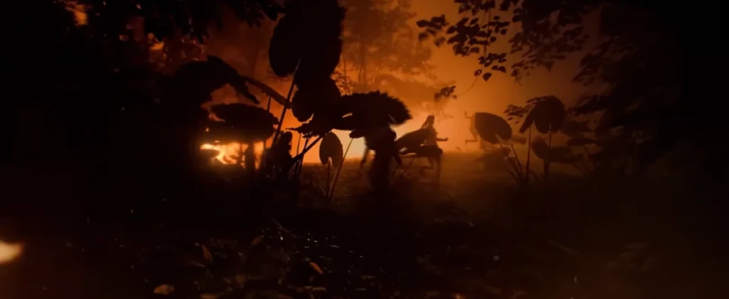 Terreno devastado com lava e fumaça sob um céu alaranjado, evocando um cenário apocalíptico.