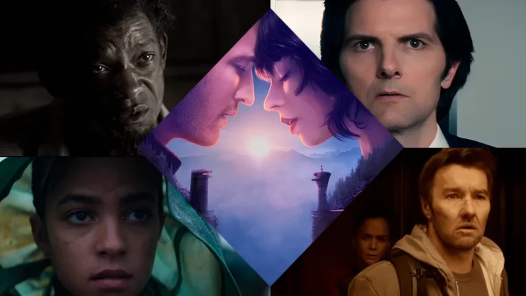 Cover featuring five Apple TV+ productions. At the center, a promotional image from The Gorge, showing a couple about to kiss against a sunset backdrop. Top left: scene from Emancipation with Will Smith’s character. Top right: Mark from Severance, looking surprised. Bottom left: a character from Foundation in a green outfit. Bottom right: the protagonist of Dark Matter, looking tense.