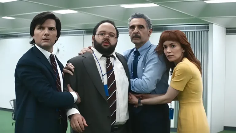 Macrodata team shocked after Dylan bites Milchick at Lumon's party. - Severance series explanation