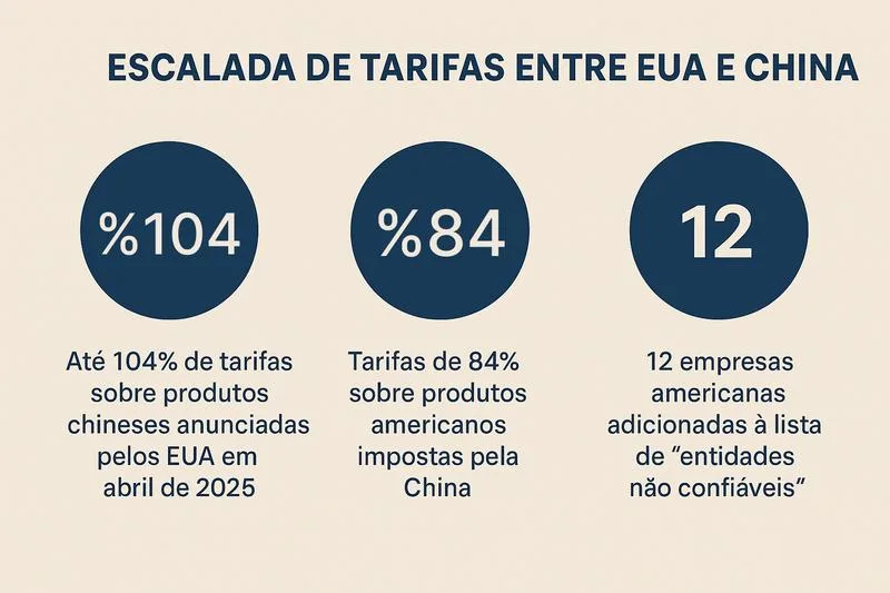 Infográfico com três círculos destacando dados da guerra comercial entre EUA e China: tarifas de até 104% aplicadas pelos EUA a produtos chineses, tarifas de 84% impostas pela China a produtos americanos e inclusão de 12 empresas americanas na lista chinesa de entidades não confiáveis.