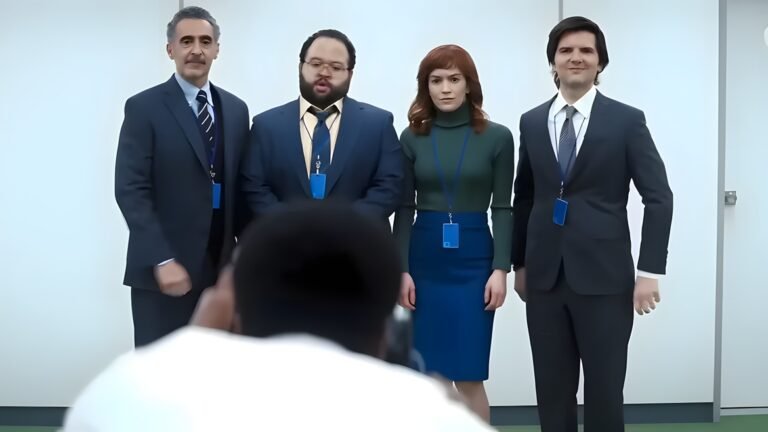 Photo of the innies taken by Milchick in Severance, featuring Irving, Dylan, Helly, and Mark.