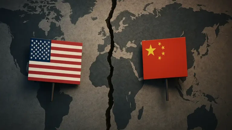 Mapa-múndi rachado ao meio com as bandeiras dos Estados Unidos e da China em lados opostos, representando a recessão e guerra comercial e a tensão geopolítica.