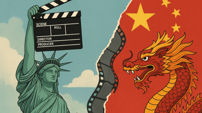 Ilustração simbólica mostra a Estátua da Liberdade com uma claquete enfrentando um dragão chinês, separados por uma faixa de filme rasgada — representando a tensão entre Hollywood e a China.