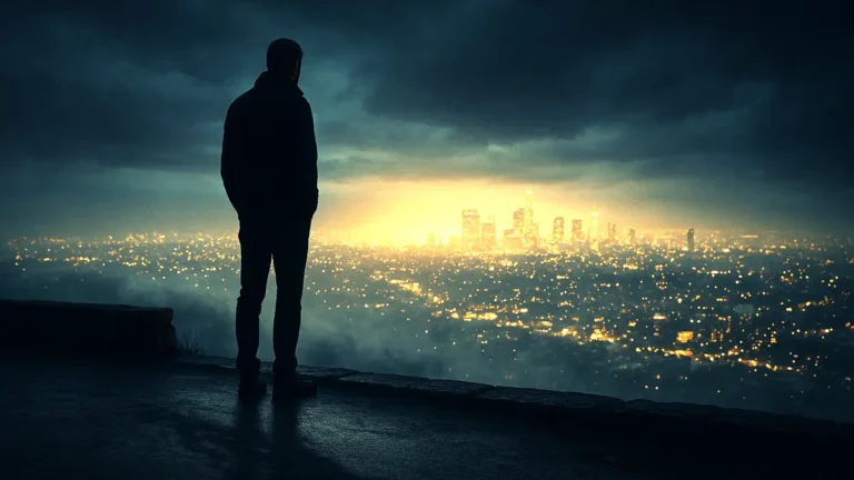 A solitary man gazes at a brightly lit city in the distance beneath a dark and ominous sky, evoking a sense of contemplation or uncertainty about the future.
