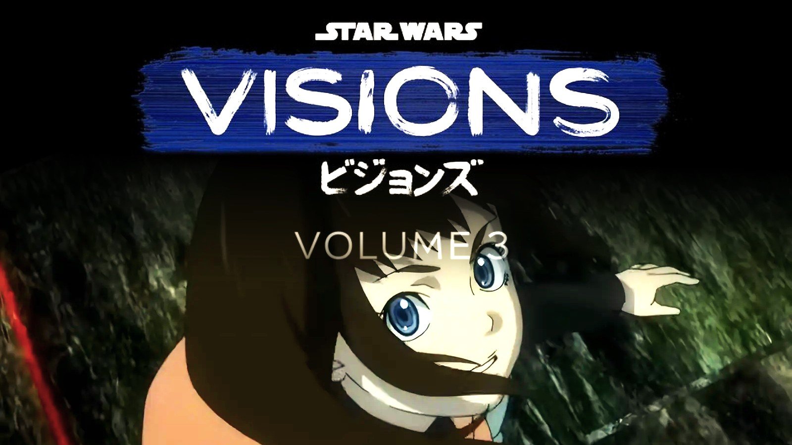 Imagem promocional de Star Wars Visions Volume 3 com a personagem Kara em destaque e o logotipo da série sobreposto.