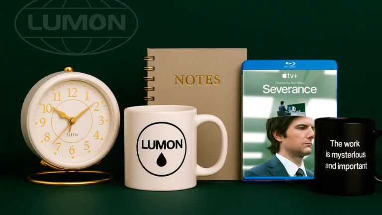 Promotional image featuring products from the Severance series. Highlighted items include a retro white and gold clock, a beige notebook labeled 'NOTES', a white mug with the Lumon logo, the Blu-ray of Severance Season 1 showing Mark Scout (Adam Scott), and a black mug with the phrase 'The work is mysterious and important'. In the background, the oval Lumon symbol appears as a watermark over a dark green backdrop.