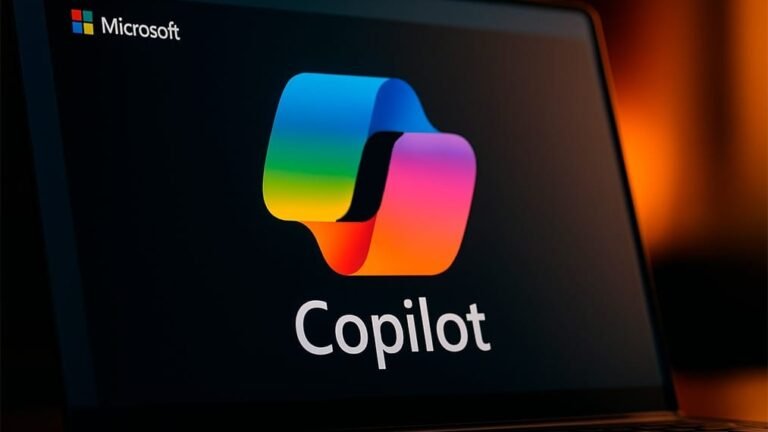 Logo colorida do Copilot da Microsoft exibida na tela de um notebook, representando automação por inteligência artificial. - Como usar o Copilot da Microsoft para reservar e comprar online