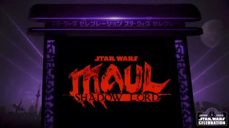 Imagem oficial da nova série animada de Darth Maul: Shadow Lord apresentada na Star Wars Celebration 2025, com o logotipo vermelho do título sobre fundo preto e detalhes roxos futuristas ao redor.