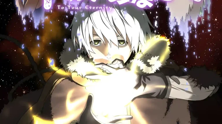 Imagem promocional do anime To Your Eternity que chegára ao fim com o protagonista Fushi emanando energia brilhante, em cenário cósmico com tons dourados e estelares.