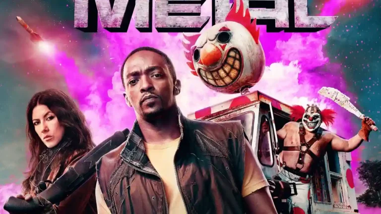 Imagem promocional da segunda temporada de Twisted Metal com os personagens Quiet, John Doe e Sweet Tooth à frente de um fundo explosivo em tons de rosa e roxo.