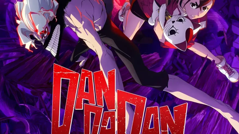 Promotional image of Dandadan season two featuring Momo Ayase and Okarun in action pose over a distorted purple background. Official Crunchyroll art.