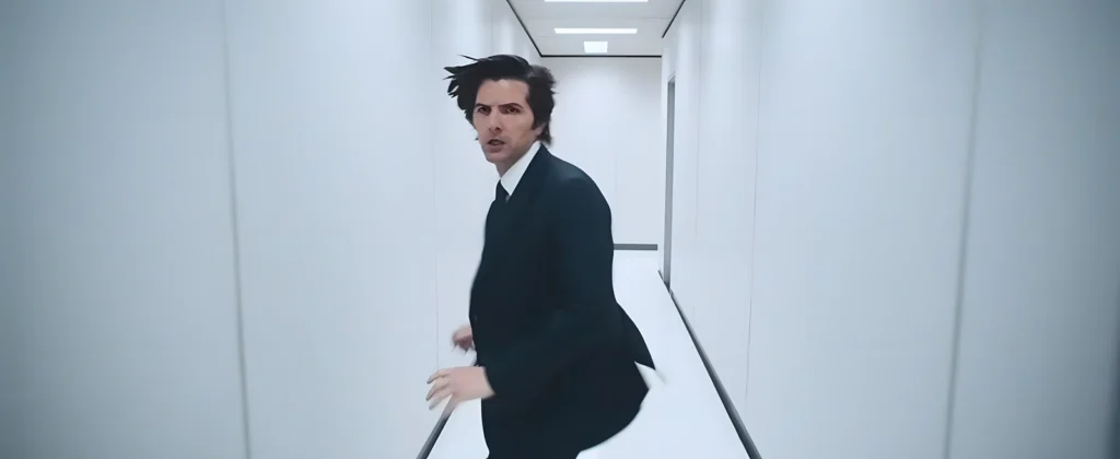 Cena do episódio 2x01 de Ruptura mostra Mark correndo pelos corredores da Lumon, logo após sair do elevador.