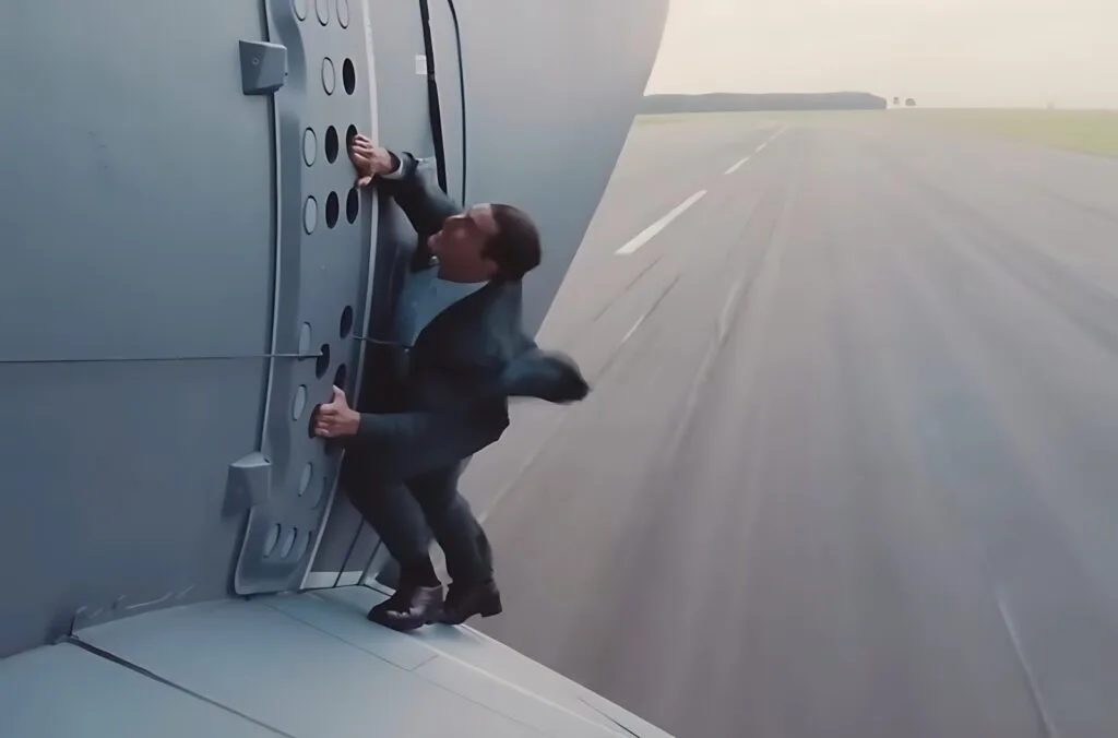 Tom Cruise pendurado na lateral de um avião Airbus A400M em movimento em Missão: Impossível - Nação Secreta (2015).