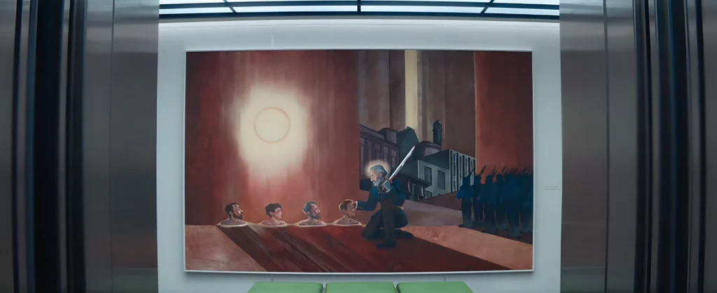 Mark retorna ao setor e encontra mudanças visuais no ambiente, incluindo a substituição do relógio por um quadro.