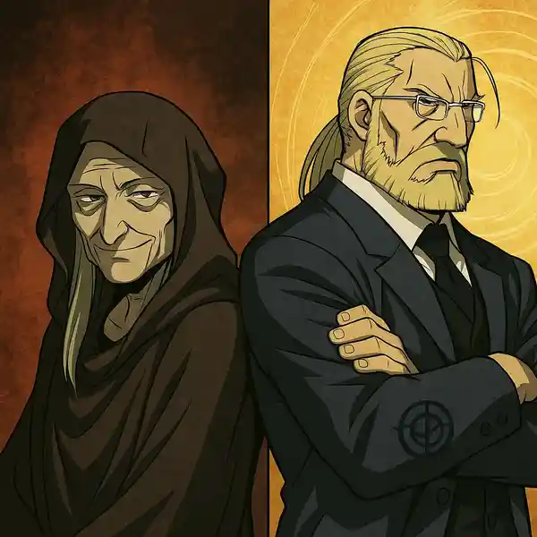 Symbolic depiction of Dante and Father, the main villains in the 2003 and Brotherhood versions of Fullmetal Alchemist. AI-generated image.