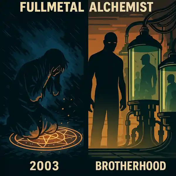 Comparative representation between Fullmetal Alchemist 2003 and Brotherhood. On the left, a kneeling alchemist represents the suffering of creating Homunculi through human transmutation. On the right, figures in tubes symbolize artificial creation in Brotherhood.