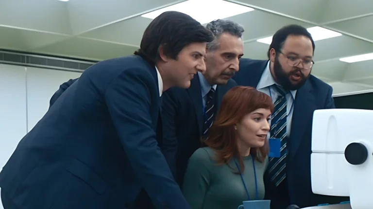 Helly sitting in front of the computer after finishing the data refinement from the SIENA room, surrounded by Mark, Irving, and Dylan, who are watching the screen eagerly, in a scene from Severance.