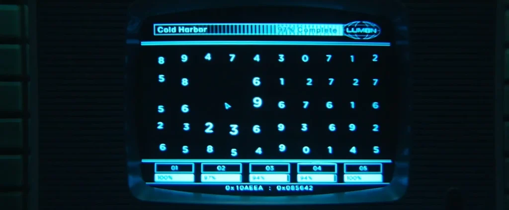 Tela do computador mostra o refinamento final dos dados de Cold Harbor, com todas as áreas marcadas como 100% completas, indicando a conclusão do processo no episódio final. Evidência do Trabalho de Refinamento em Ruptura.
