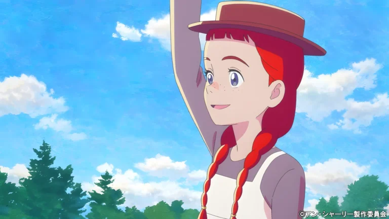 Anne Shirley sorrindo com o braço levantado sob um céu azul, representando sua chegada otimista à Ilha do Príncipe Eduardo no anime da Crunchyroll.
