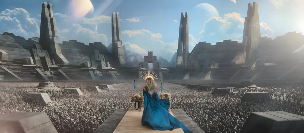 Wide shot of Maria as empress facing a crowd, in a parallel reality shown at the end of Black Mirror's Bête Noire episode.
