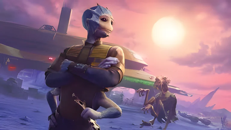 Volo Bolus em destaque com os braços cruzados em frente à sua oficina no pôr do sol, em cena promocional de Star Wars: Beyond Victory, jogo de realidade mista da ILM para Meta Quest.